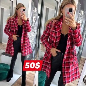 Elegant Red Houndstooth Women's Coat
